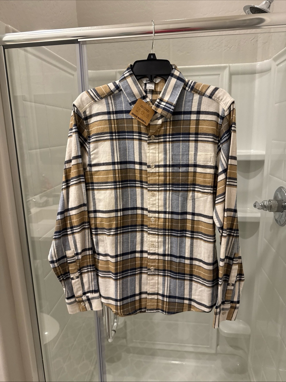 Men's Plaid Button-Up flannel Shirt in White, Tan & Blue
